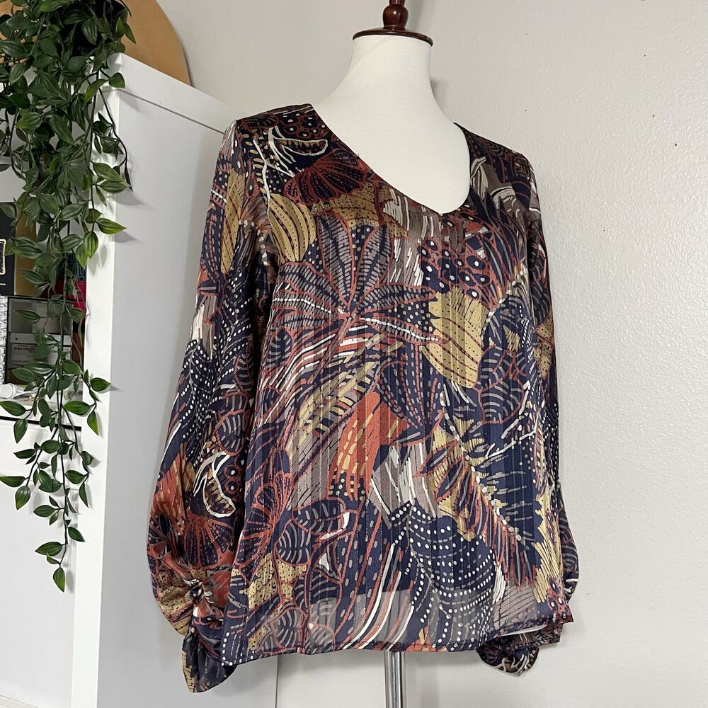 VICI Women's Brown Metallic Stripes Leaf Pint V-Neck Blouse Top Size Medium - Picture 2 of 10